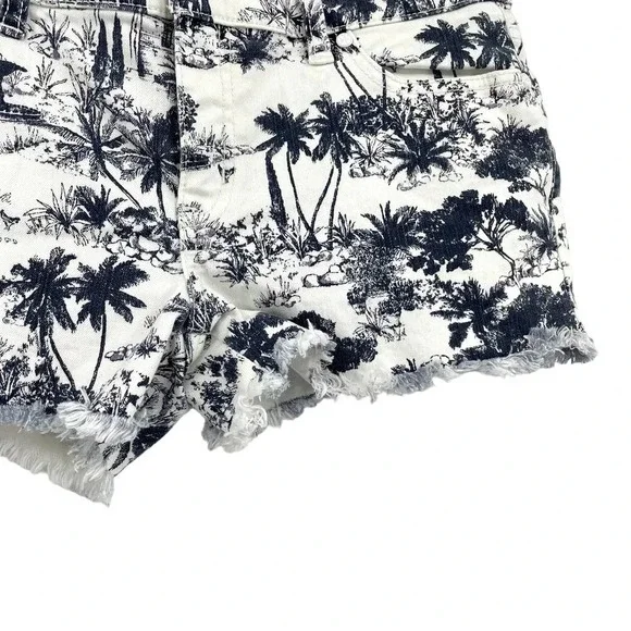 Tory Burch Frenesi Frayed Tropical Palm Tree Printed Denim Shorts Size 27‎